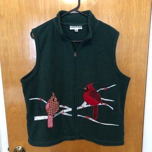 Rebecca Malone Women's Sz L Green Winter Cardinals on Birch Branches Fleece Vest